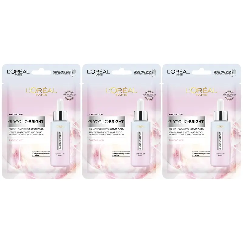 L'Oréal - Glycolic Bright Instant Glowing Serum Mask with Glycolic Acid 22g. (Pack of 3)