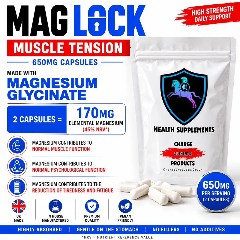 Mag-Lock | Muscle Cramp Supplement UK | Magnesium Glycinate 650mg | Muscle Tension | Leg Cramps | Night Cramps | 9 Authorised Claims | Zero Fillers | Vegan
