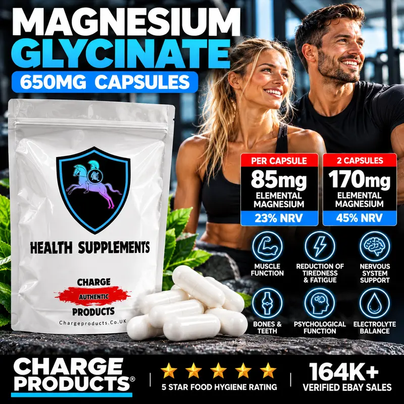Magnesium Glycinate 650mg Capsules UK — Chelated Bisglycinate | 85mg Elemental Magnesium | 9 Authorised UK Claims | Vegan | Zero Fillers