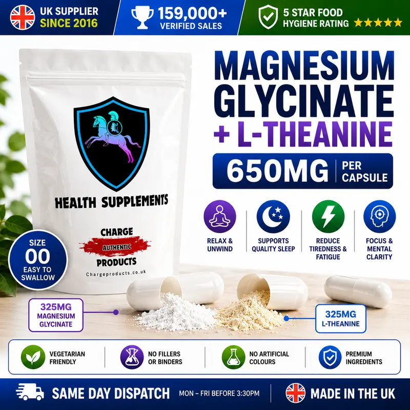 Magnesium L-Theanine 650mg Capsules UK — 325mg Magnesium Glycinate + 325mg L-Theanine | No Fillers | Vegan HPMC | In-House Encapsulated
