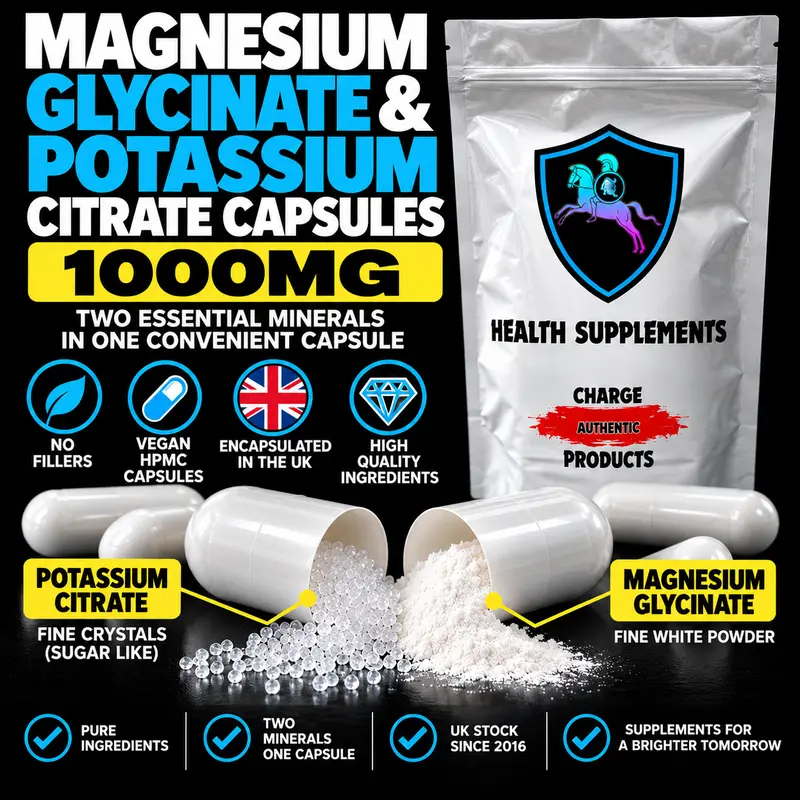Magnesium & Potassium Citrate Capsules 1000mg — 480mg Potassium + 120mg Magnesium Per Serving | Vegan | No Fillers
