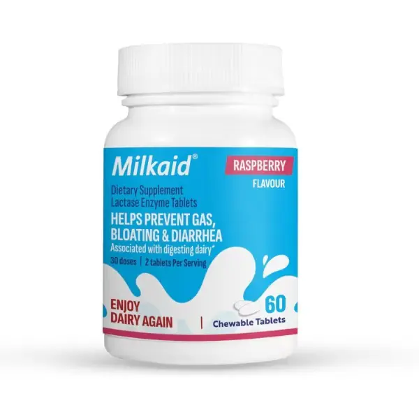 Milk Aid Lactase Enzyme Chewable Tablets – Raspberry Flavour (60 Tablets)