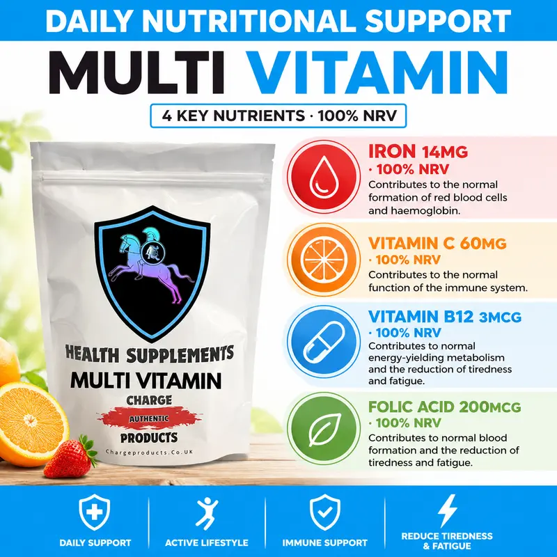 Multivitamin and Mineral Tablets UK — Iron 14mg | Vitamin C 60mg | Vitamin B12 3mcg | Folic Acid 200mcg | All at 100% NRV | In-House Manufactured | Charge Products
