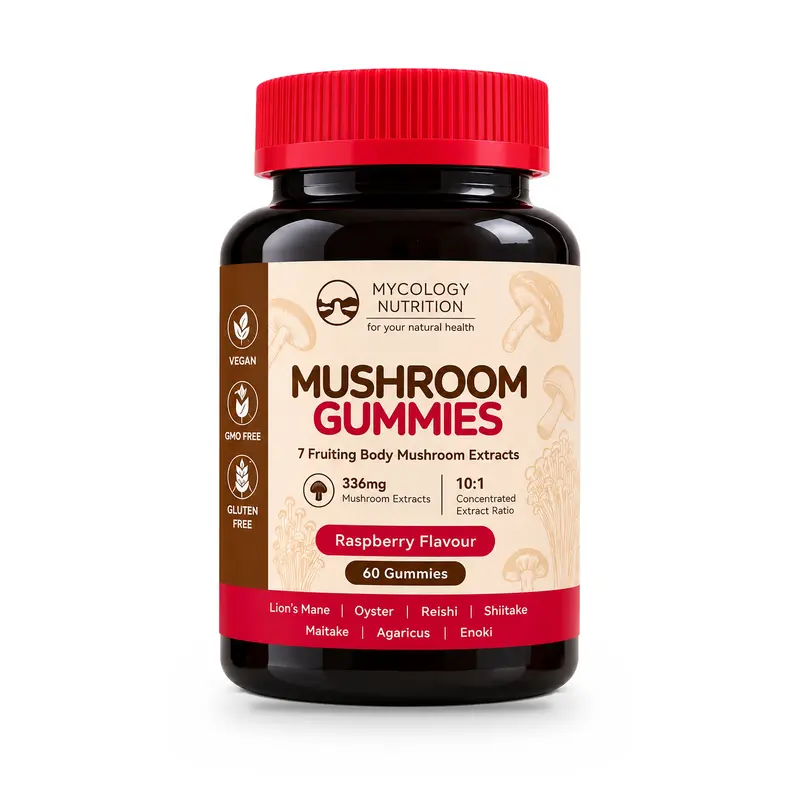 Mushroom Gummies – 7 Organic Mushroom Extracts with Lion's Mane | Raspberry | 60 Gummies