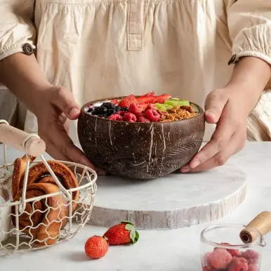 Natural Coconut Shell Bowl and Spoon Set (Leaf Pattern)