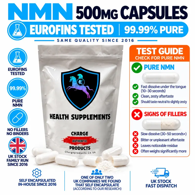 NMN 500mg Capsules UK — 99.99% Pure Nicotinamide Mononucleotide | Eurofins Tested | Size 0 | No Fillers