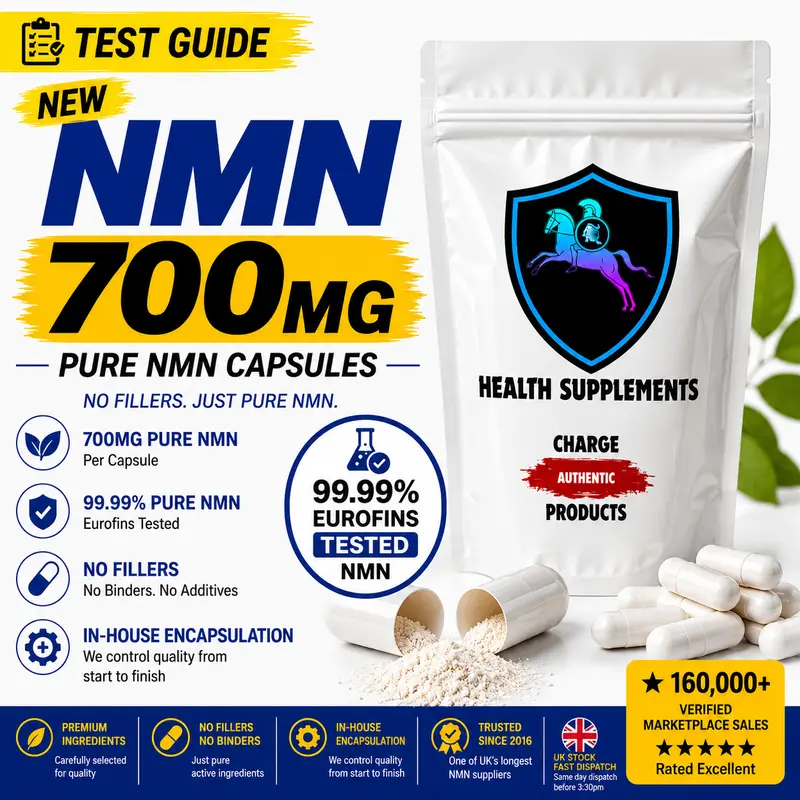 NMN 700mg Capsules UK — 99.99% Pure Nicotinamide Mononucleotide | Eurofins Tested | No Fillers | Vegan HPMC | In-House Encapsulated | Charge Products