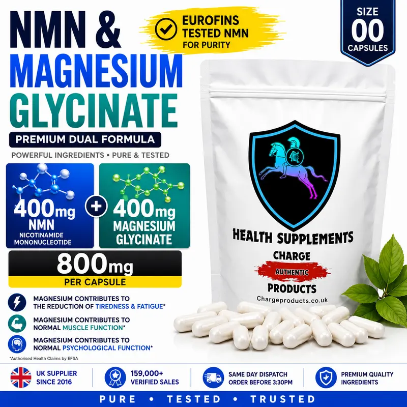 NMN and Magnesium Glycinate Capsules UK — 400mg NMN + 400mg Magnesium Glycinate | 800mg | Size 00 Vegan | No Fillers | Same-Day Dispatch | Charge Products