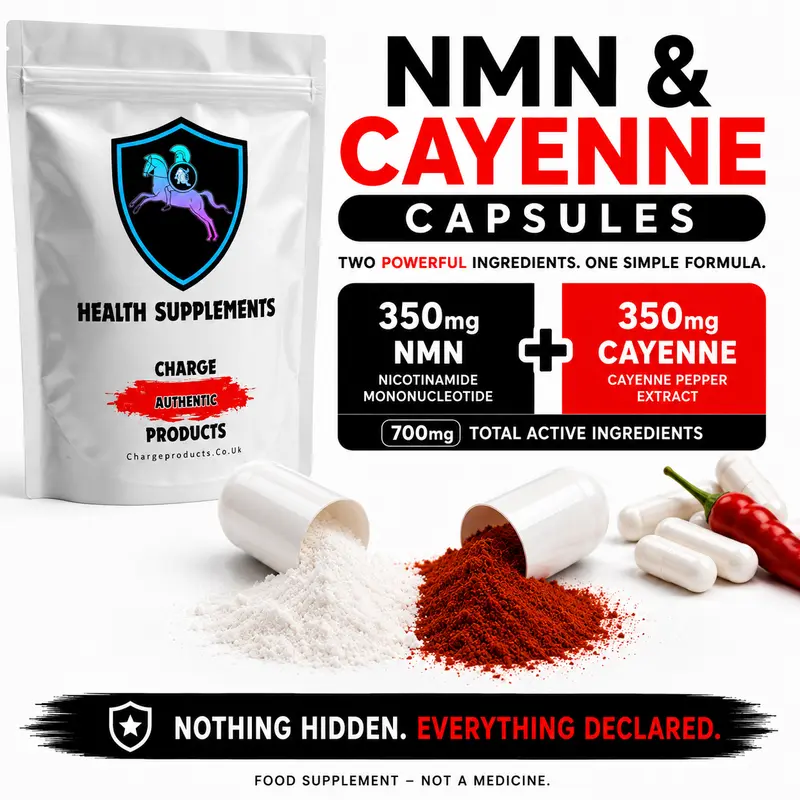 NMN + Cayenne Pepper 700mg Capsules UK | 350mg 99.99% Beta NMN + 350mg Cayenne | Zero Fillers | Vegan HPMC | ⚠️ May Contain Nuts | Charge Products