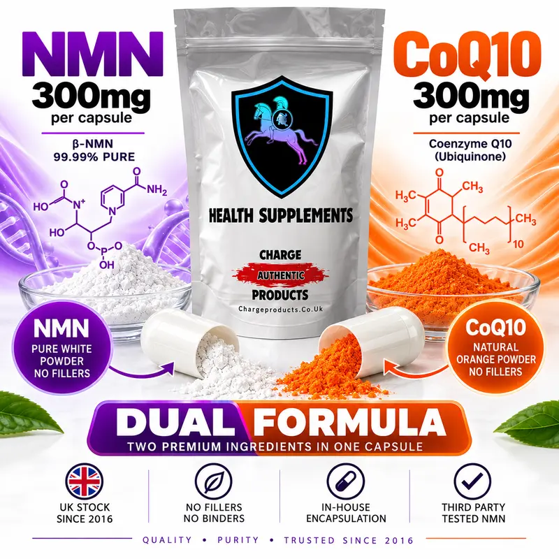 NMN + CoQ10 600mg Capsules UK — 300mg NMN + 300mg CoQ10 | No Fillers | Vegan HPMC | Charge Products
