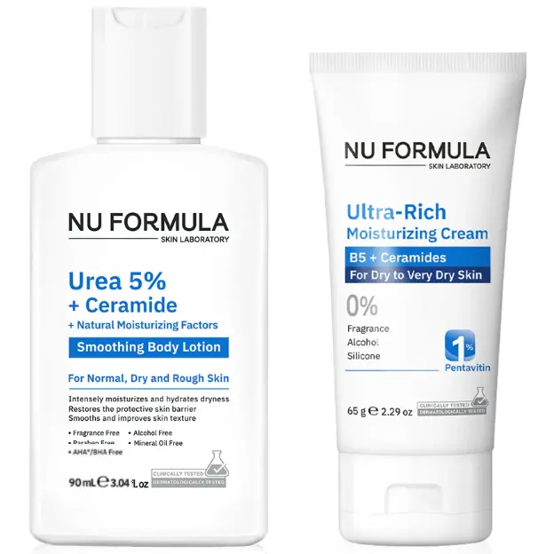 Nu Formula Urea 5% + Ceramide Smoothing Body Lotion 90g & Ultra-Rich Cream 65g | 72H Hydration