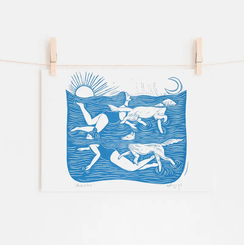 Paddlers riso print, dog art, swimming, doggy paddle, woman