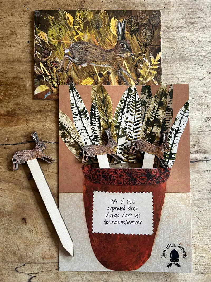 Pair of birch plywood Hare pot decorations/marker