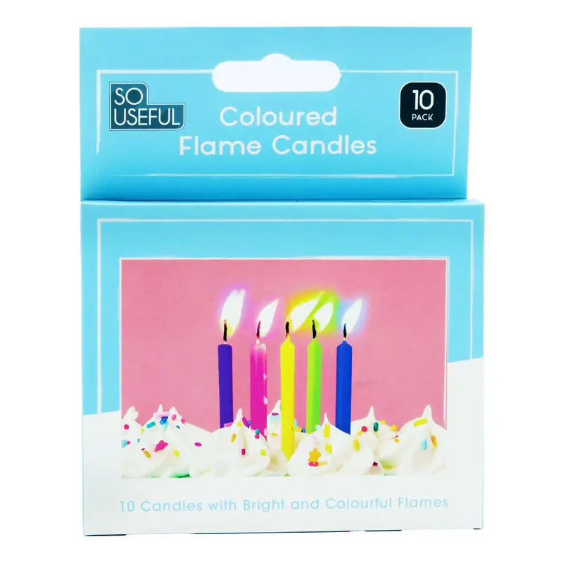 PARTY CANDLES COLOUR FLAME 10PK CLIP STRIP 10's x 6packs