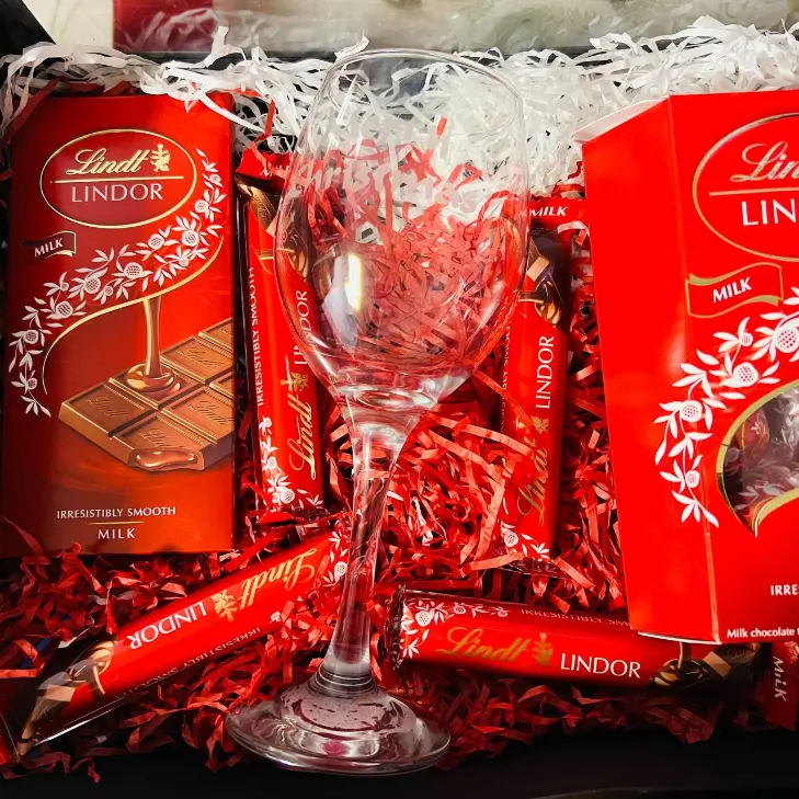 Personalised Lindor Chocolate Gift Box with Etched Wine Glass