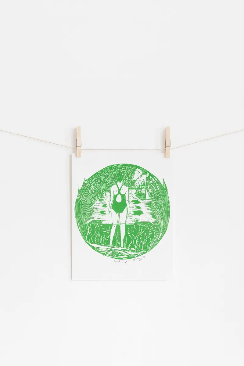 Pond Dip riso print, wild swim, swimmer, rivers, nature
