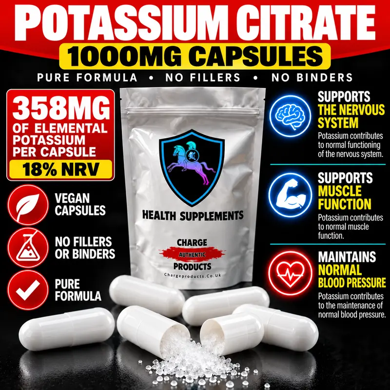 Potassium Citrate Pro 1000mg Capsules UK — High Strength Tri-Potassium Citrate · 3 Authorised Health Claims · Zero Fillers · Vegan