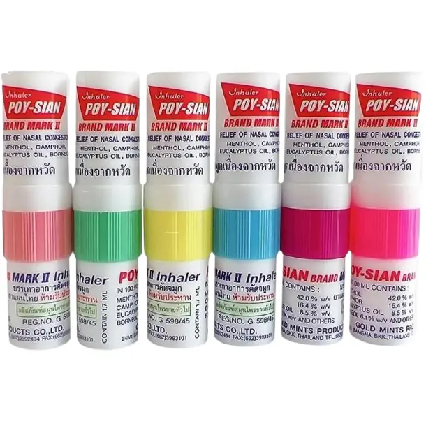 Poy Sian - Mark-2 Nasal Inhaler | 2in1 Refreshing and Aroma Oil Stick 2ml. | Multi-colour (Pack of 6)