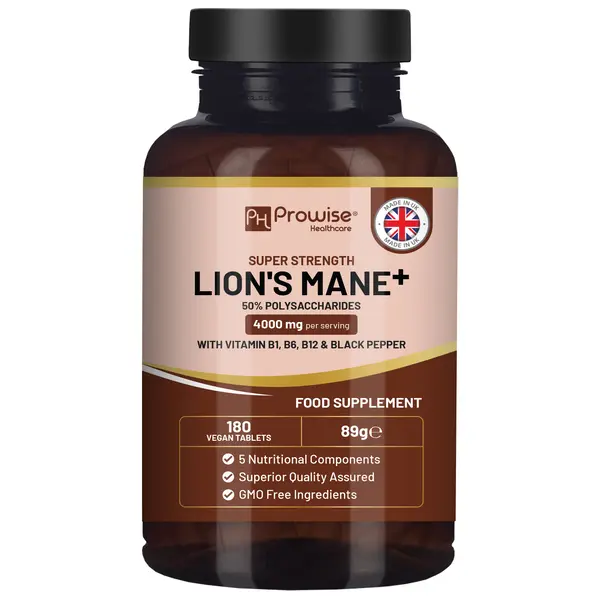 Prowise Lions Mane Mushroom Supplement 4000mg with Vitamin B1, B6, B12 & Black Pepper - 180 Vegan Tabs