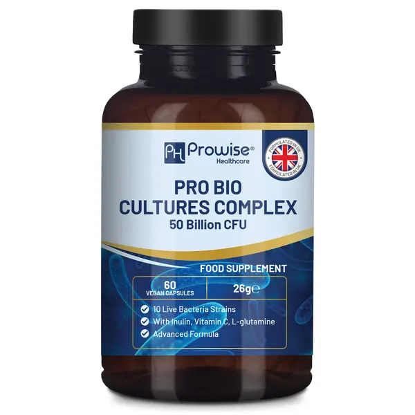 Prowise Pro Bio Cultures Complex Probiotics and Prebiotics - 50 billion CFU - 10 Live Bacteria Strains - Added with Inulin, L-Glutamine & Vitamin C - 60 Caps