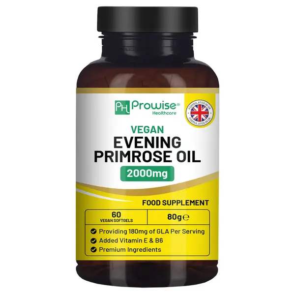Prowise Vegan Evening Primrose Oil 2000mg with Vitamin E & B6 - 60 Vegan Softgels| Pure Cold Pressed | 180mg GLA per Capsule | Women's Health | Premium Quality |