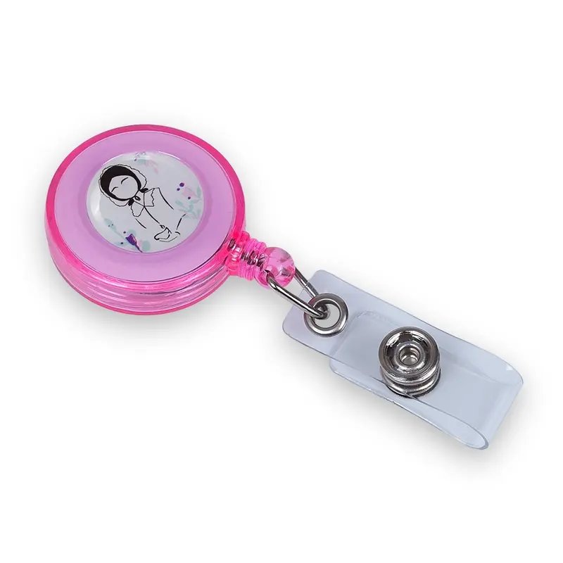 Retractable Clip with Metal Clip & Push-Button for ID Badge, Keys, Scissors Pink