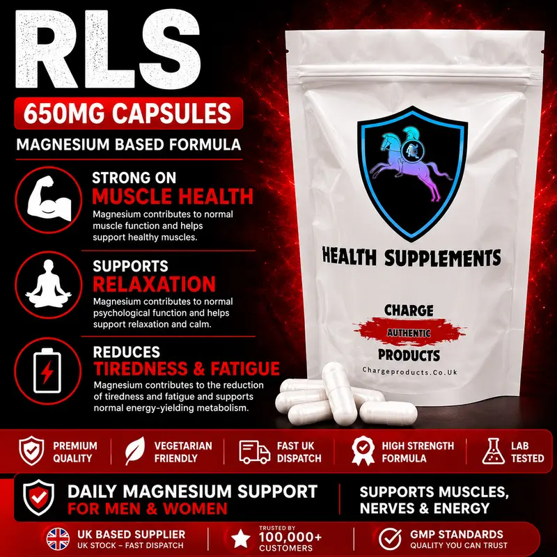 RLS Magnesium 650mg Capsules UK | Magnesium Glycinate | Muscle Function Support | No Fillers | Vegan | Charge Products