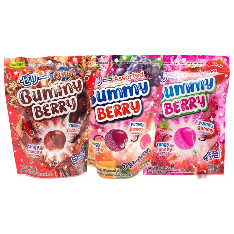 Rosela - (Mix of 3) - 1x Gummy Berry Cola, 1x Gummy Berry Mixed Fruit, 1x Gummy Berry Strawberry - 39g. each