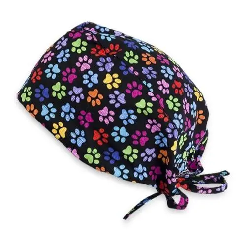Short Hair Surgical Cap with Adjustable Laces - Paw Print