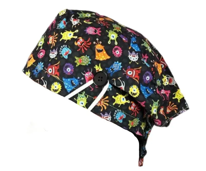 Short Hair Surgical Cap with with Buttons and Adjustable Laces - Aliens