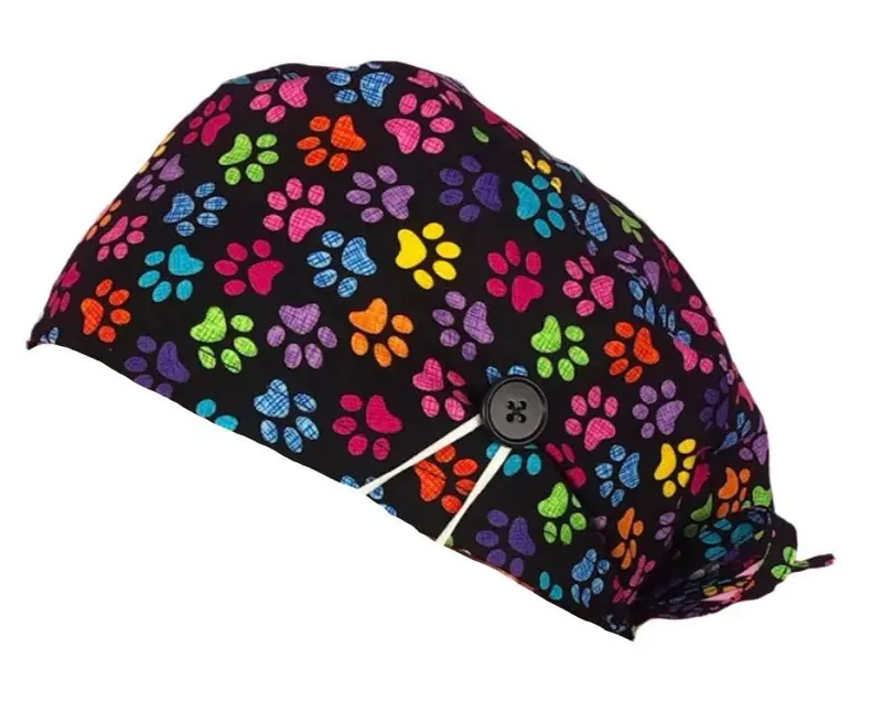 Short Hair Surgical Cap with with Buttons and Adjustable Laces - Paw Print