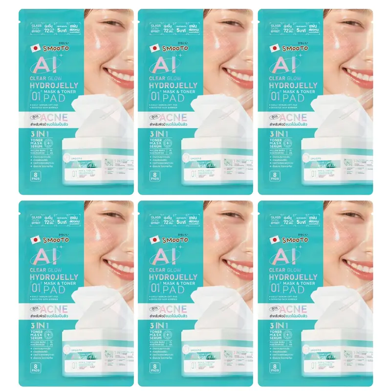 Smooto - AI Clear Glow Hydrojelly Mask & Toner Pads with Willow Bark and Niacinamide - 8 Pads (Pack of 6 = 48 pads)
