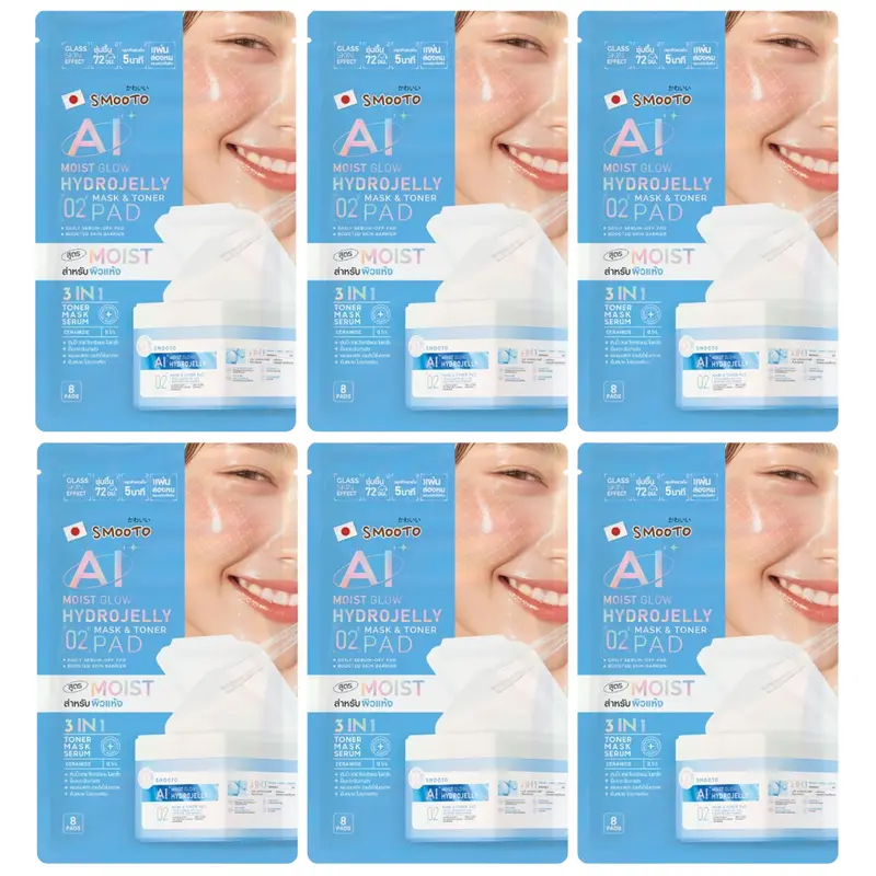 Smooto - AI Moist Glow Hydrojelly Mask & Toner Pads with Ceramide - 8 Pads (Pack of 6 = 48 pads)