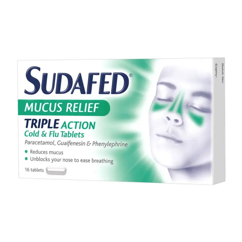 Sudafed Mucus Relief Triple Action Cold & Flu Tablets - 16 tablets