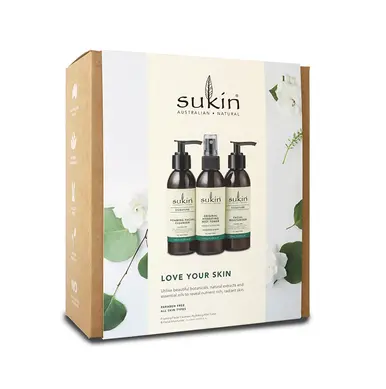 Sukin Foaming Facial Cleanser 125ml, Sukin Hydrating Mist Toner 125ml, Sukin Facial Moisturiser 125ml.