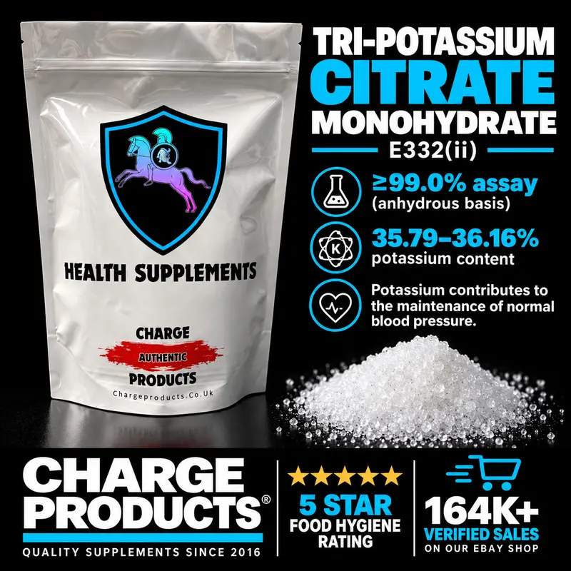 Tri-Potassium Citrate Powder UK — E332(ii) · ≥99% Assay · BP/EU Food Grade · Vegan · Wholesale