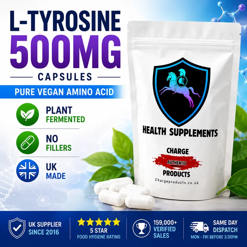 Vegan L-Tyrosine 500mg Capsules UK — Fermentation-Derived | HPMC Vegan Capsule | No Fillers | Charge Products