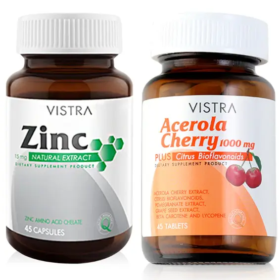 Vistra - Bundle - Skin Booster Zinc 15mg. (45 Capsules) + Acerola Cherry 1000mg Plus Citrus Bioflavavonoids (45 Tablets)