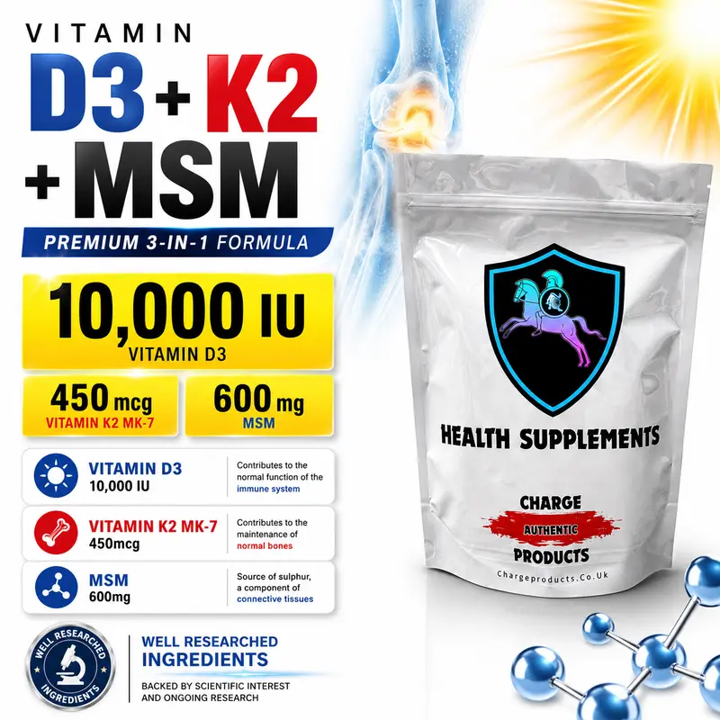 Vitamin D3 10,000 IU + K2 MK-7 450µg + MSM 600mg Capsules UK | High Strength