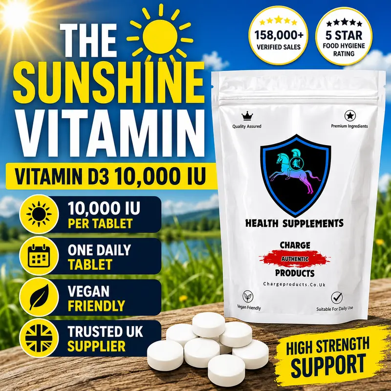 Vitamin D3 10,000 IU Tablets UK — 250mcg Cholecalciferol | 5,000% NRV | High Strength | Authorised UK Health Claims | Charge Products
