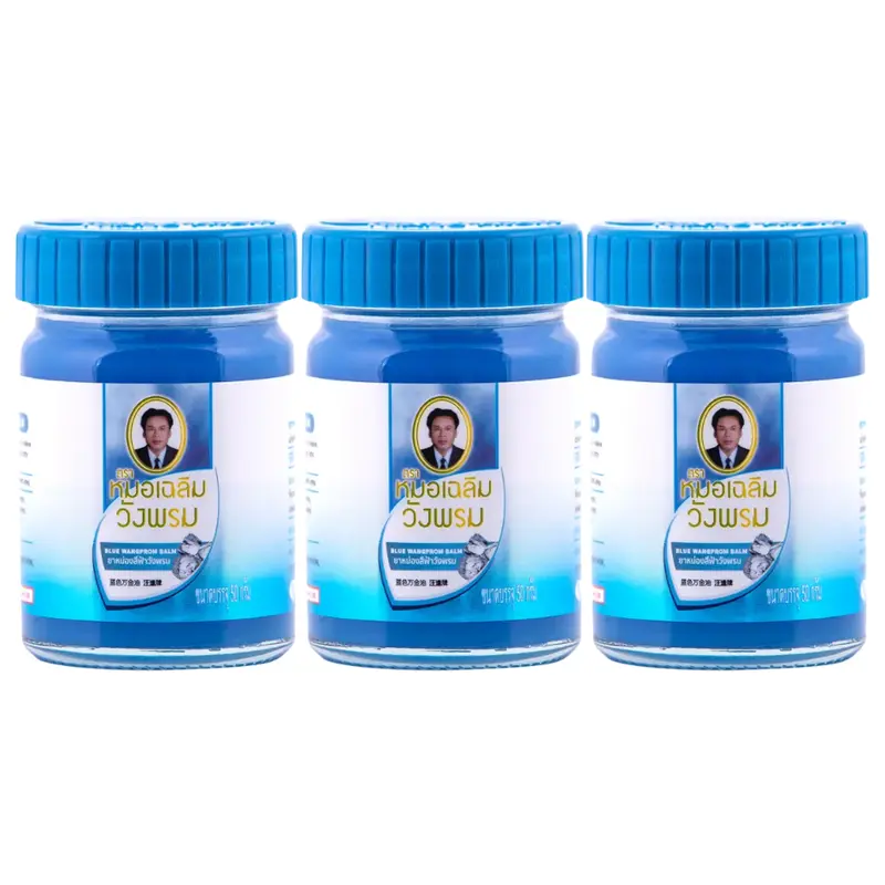 Wang Prom - Blue - Eucalyptus Oil, Peppermint, Clove, Butterfly Pea Flower - Herbal Balm 50 g. (Pack of 3) - For Itchy Skin and Painful Body Areas - Made in Thailand