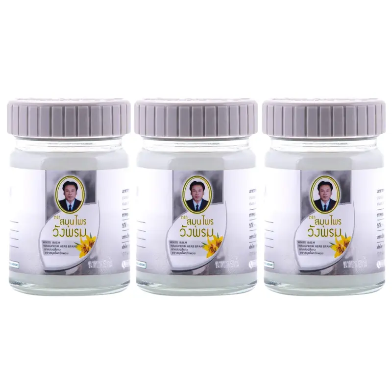Wang Prom - White - Paraffin, Menthol, Coconut Oil, Borneol, Camphor and Wintergreen Essential Oil - Herbal Balm 50 g. (Pack of 3) - Muscle, Back and Joint Pain Relief - Made in Thailand