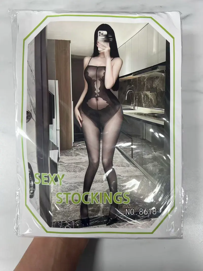 Women’s Black Sheer Panel Bodystocking – Scalloped Cut-Out Lingerie No. 8618